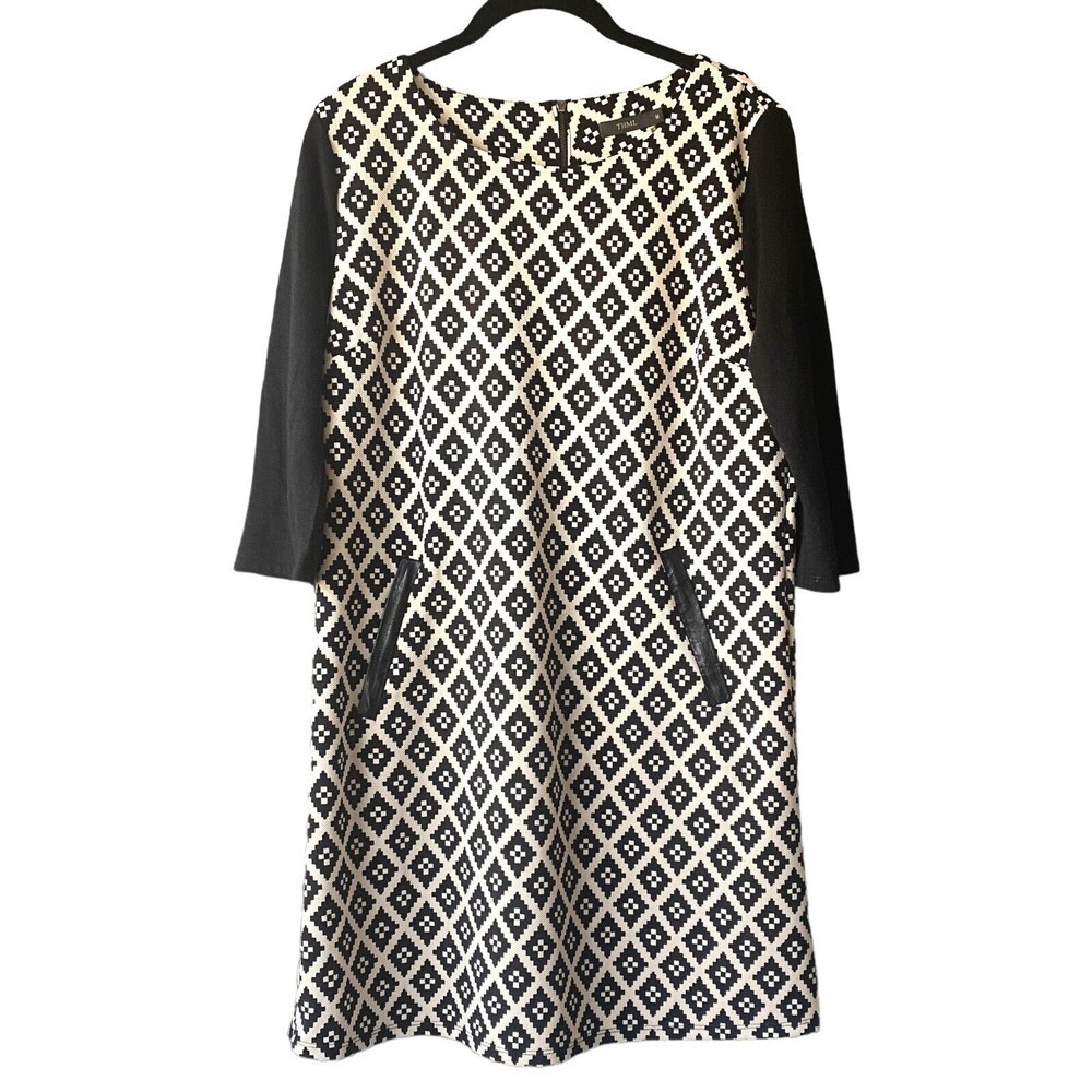 THML Dress Womens Medium Black Cream Midi Knit 3/4 Sleeve Textured Print Ladies